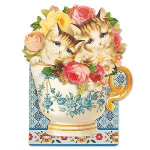 Punch Studio Single (1) Embellished 3D Card ~ Kittens in Tea Cup (58719)